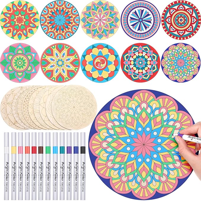 Vercraft 22 Pcs Wooden Mandala Painting Set 10 Mandala Unfinished Wood Cutouts by Vercraft