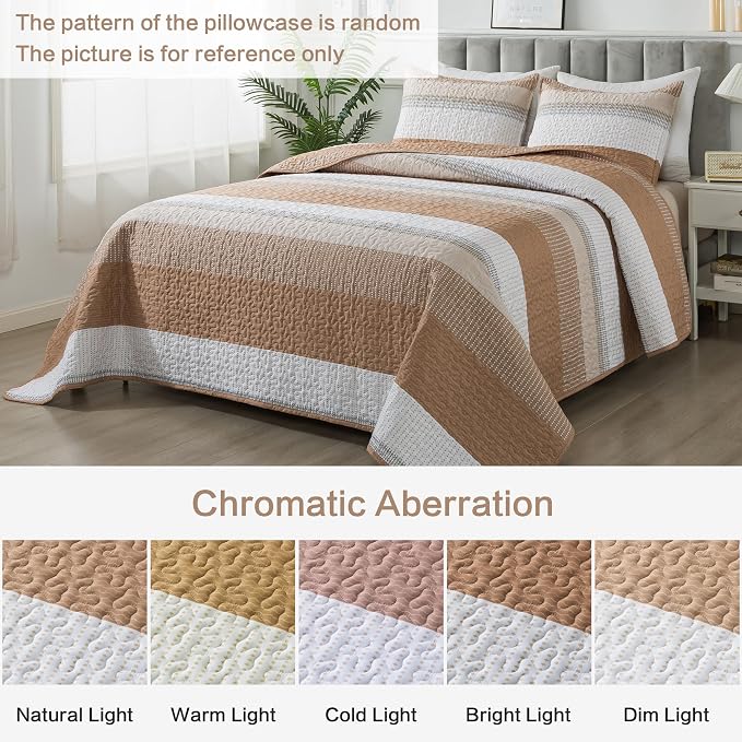 Andency Taupe Striped Quilt King, 3 Pieces Patchwork Bedspread Coverlet Set - Image 8