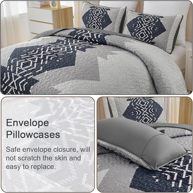 Dintszyayue King Quilt Set Boho, 3 Piece Navy Bedding Coverlet Set Aztec - Image 5