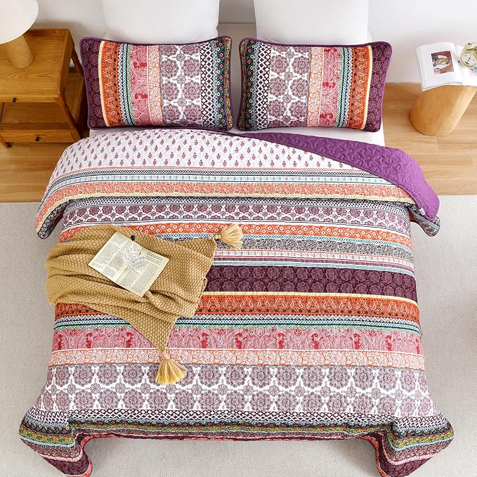 WONGS BEDDING Boho Quilt Set King Size, Lightweight Soft Microfiber Bedding Set - Image 3