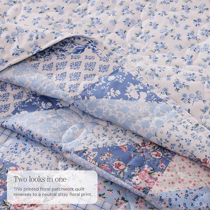 BLOOMHAVEN Quilt Set King Size, Patchwork Blue Pink Marigold Floral Quilt Sets - Image 3