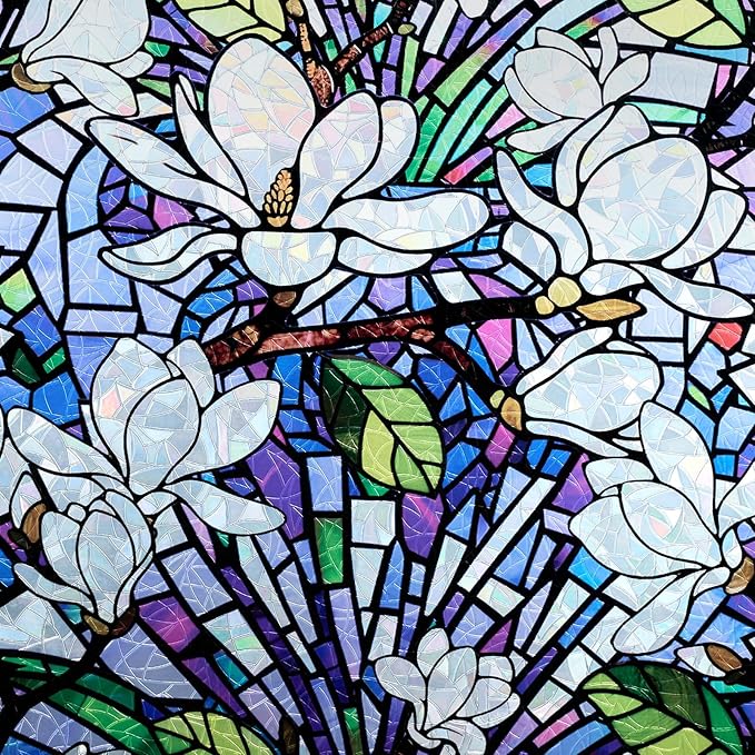 DKTIE Magnolia Pattern Stained Glass Window Film Floral Decorative Window by Dktie