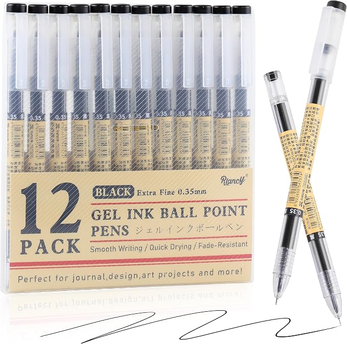 Japanese Style Black Gel Ink Pens, 0.35mm Extra Fine Point, No Smudge Quick by RIANCY