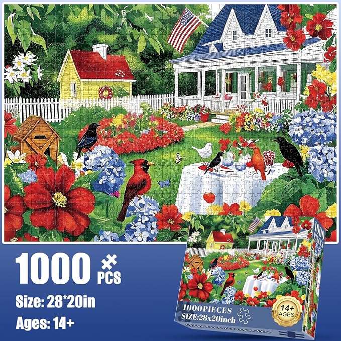1000 Piece Puzzle for Adults, Beautiful Garden Scene Puzzles, Birds and Flowers - Image 2