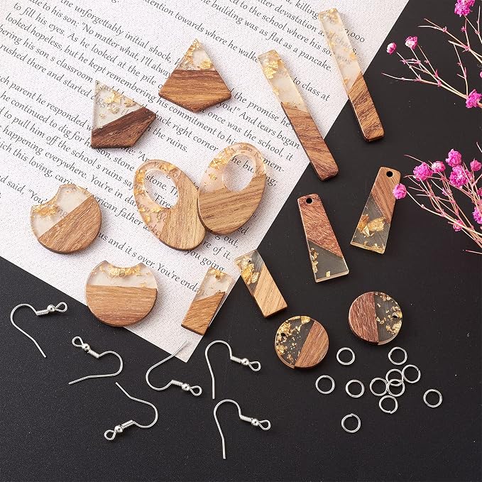 FASHEWELRY 20Pcs Resin Wooden Earring Pendants 10 Styles Gold Teardrop - Image 5