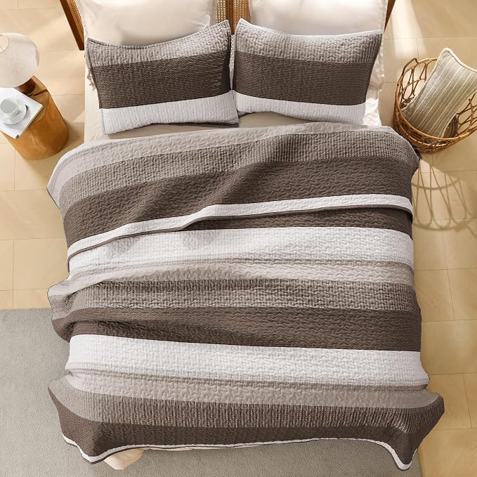 Litanika Quilt King Size Brown, Stripe Patchwork Summer Bedspread Coverlet 3 - Image 3