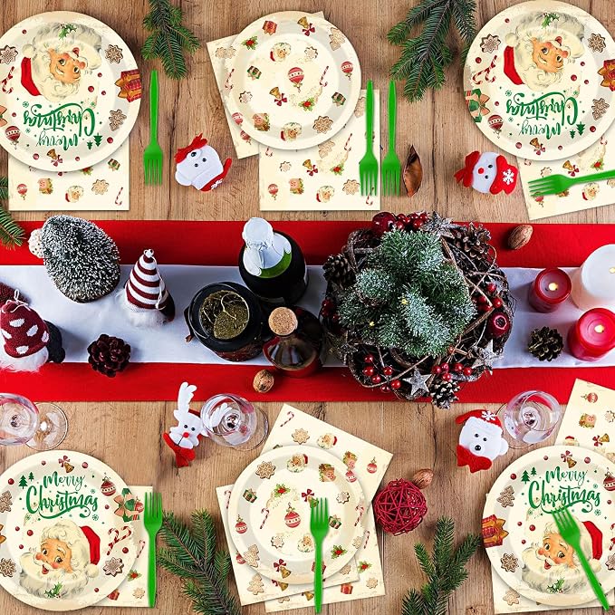 Qyeahkj 100 Pcs Christmas Xmas Party Paper Plates and Napkins, Vintage Holiday - Image 5