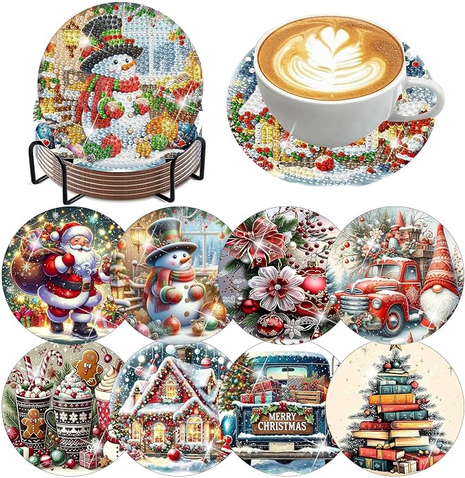 8 Pack Christmas Diamond Art Coasters, Diamond Painting Coasters Kits | by Zythron