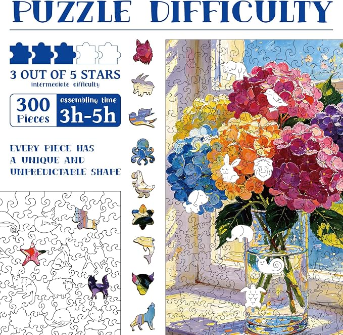 300pcs Wooden Puzzles for Adults Unique Animal Shaped Pieces | Colorful Plant - Image 3