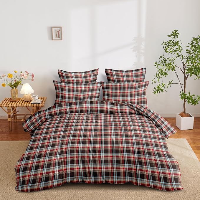 Nayoroom Plaid Duvet Cover Queen Size Vintage Red Brown Gingham Checkered - Image 3