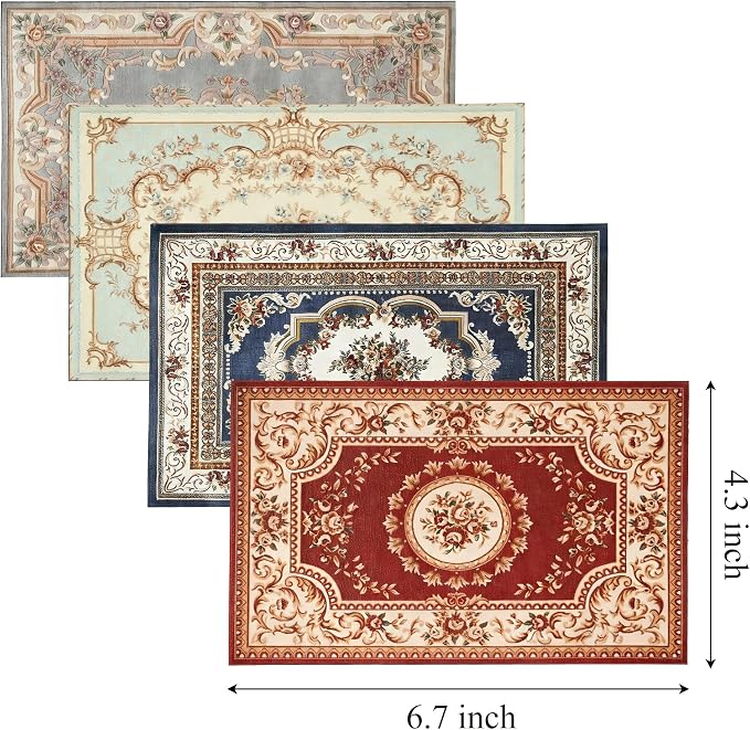 4 Pack 1:12 Scale Dollhouse Rugs, 6.7"×4.3" Vintage Floral Miniature Area Carpet - Image 2