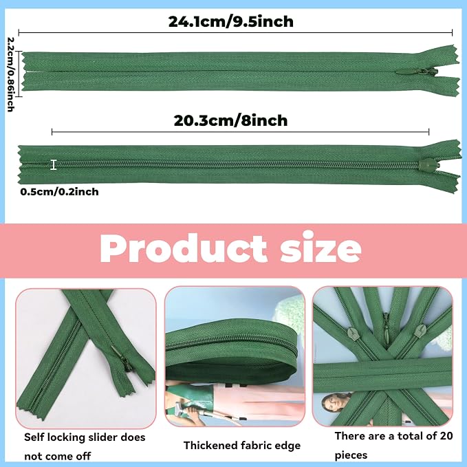 YAKA 20pcs Green Nylon Invisible Zippers Tailor Sewing Tools Garment - Image 2