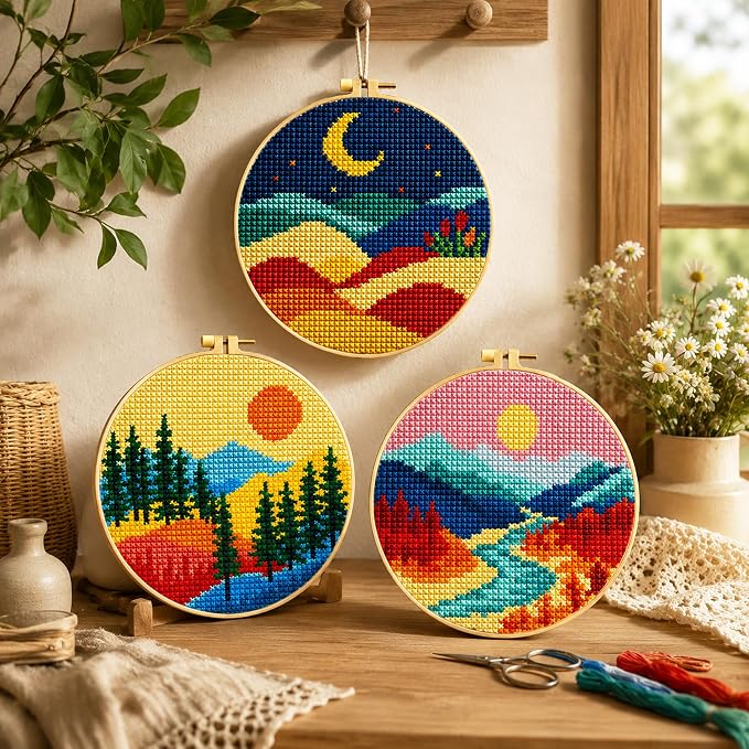 Zhenqing Sun Moon Landscape Stamped Cross Stitch Kit, 3 Pack 11CT Printed - Image 2