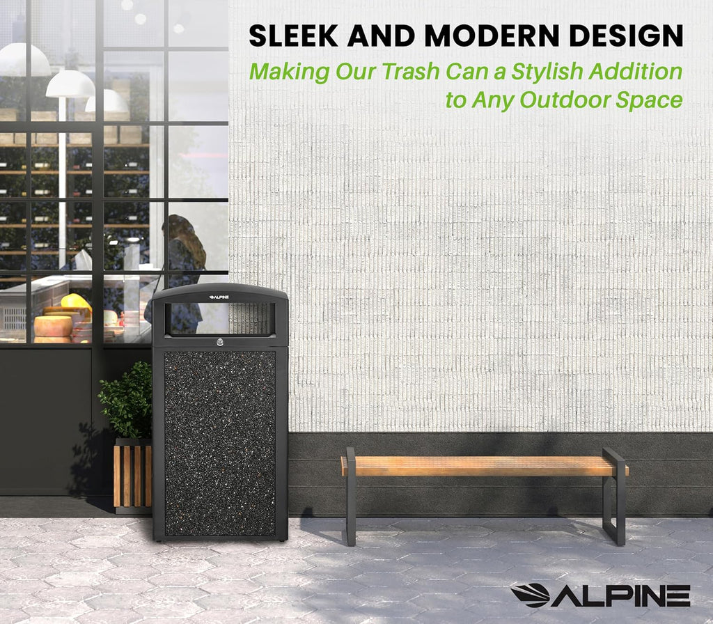 Alpine Outdoor Commercial Trash Can with Lid - 40 Gallon Heavy Duty Metal Garbage Can with Removable Bin, Locking Lid for a Modern Look in Park, Mall & High Traffic Areas - Black, Grey Stone Panels