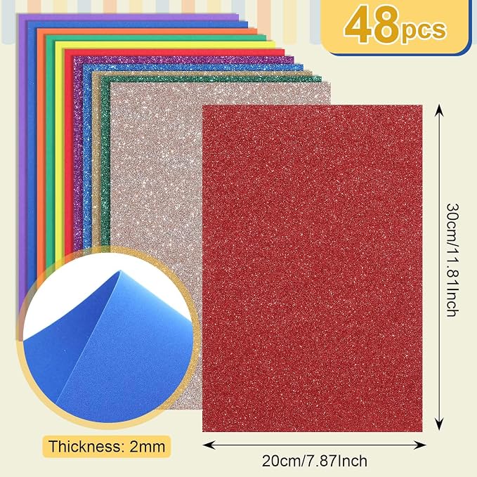 Feifeiya 48 Pack Assorted Colors Foam Sheets 8 x 12 Inch, 36 Regular Foam - Image 2