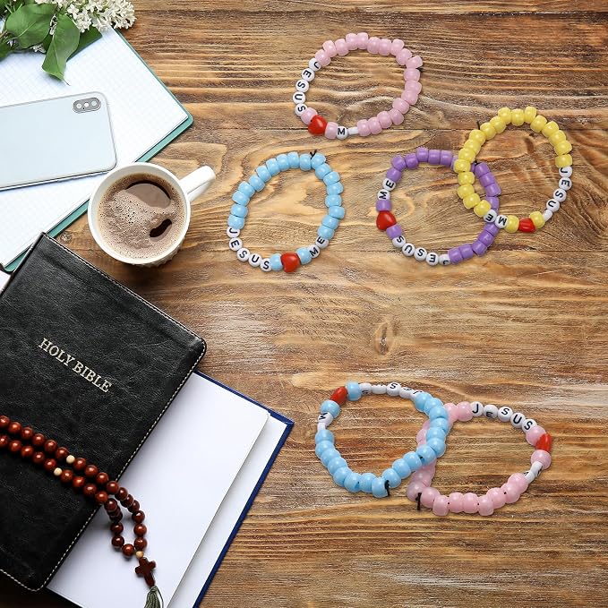 Ferreve 35 Sets Pastel Religious Bead Wristband Craft Kit Jesus Love Me Faith - Image 5