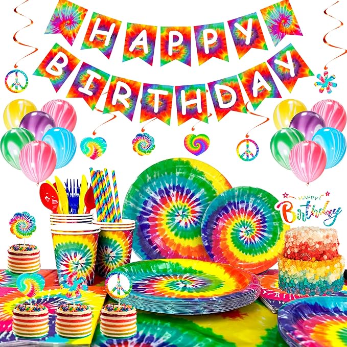 175pcs Tie Dye Birthday Party Supplies, 16 Guests Tie Dye Party Tableware by Unknown