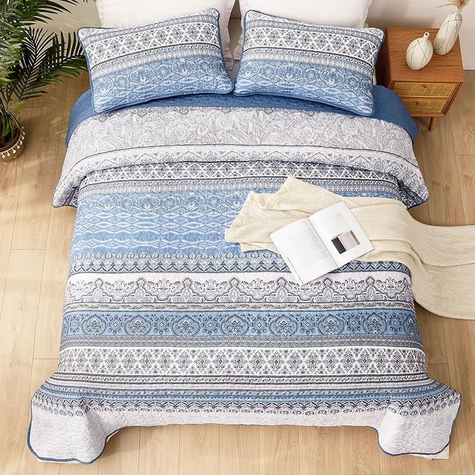 WONGS BEDDING Boho Queen Quilt Set, Light Blue Bohemian Queen Quilt Bedding Set - Image 3