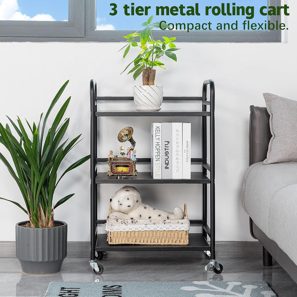 HDANI 3 Tier Rolling Cart Shelves,Heavy Duty Multifunctional Metal Frame-Supports 22 Lbs Per Tier,Rolling Cart with 2 Lockable Wheels for Home,Office,Kitchen,Bathroom,Bedroom (Black)…