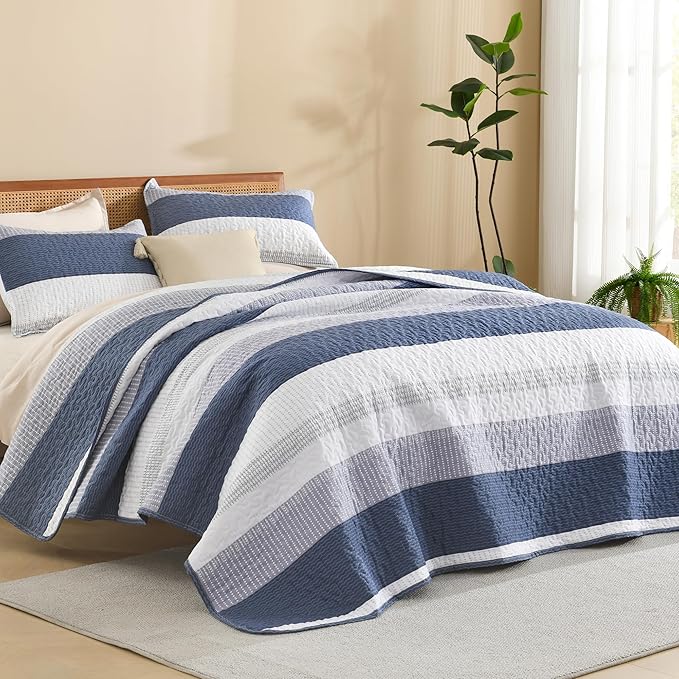 Litanika Oversized King Quilt Set Mineral Blue, 128x120 Stripe Bedspread by Litanika