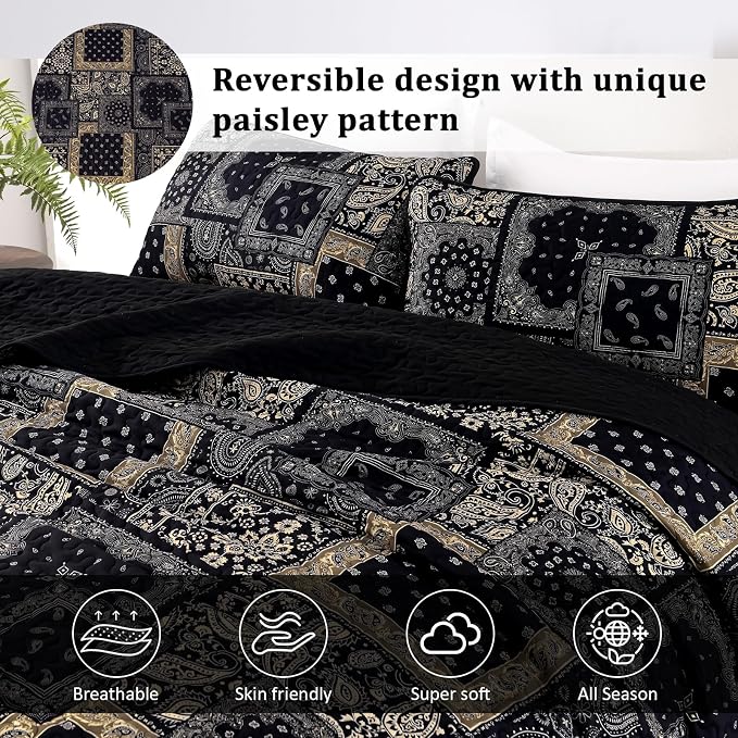 Cottolester Boho Patchwork Quilt Set King Size, Paisley Floral Bedding Set Soft - Image 3