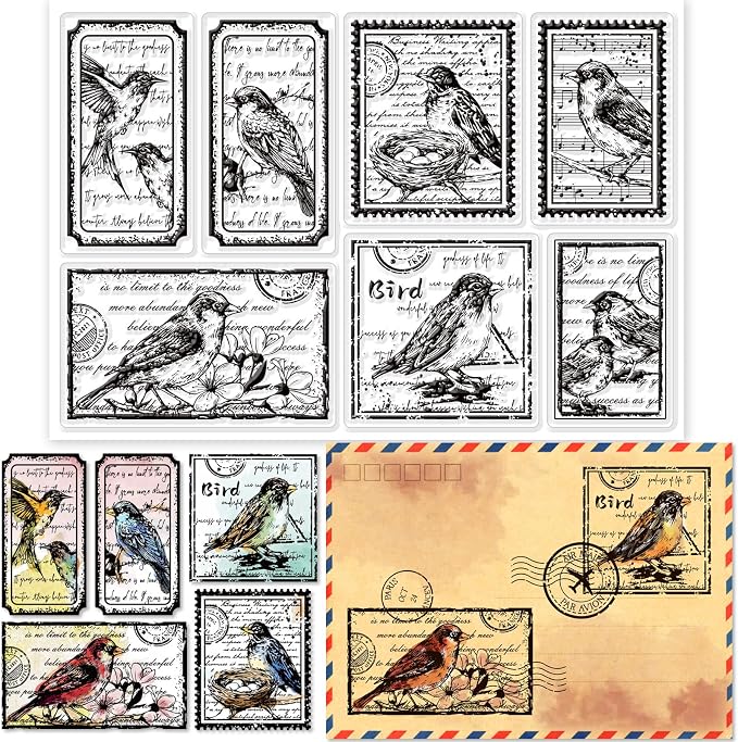 GLOBLELAND Vintage Flower and Bird Text Clear Stamps by GLOBLELAND