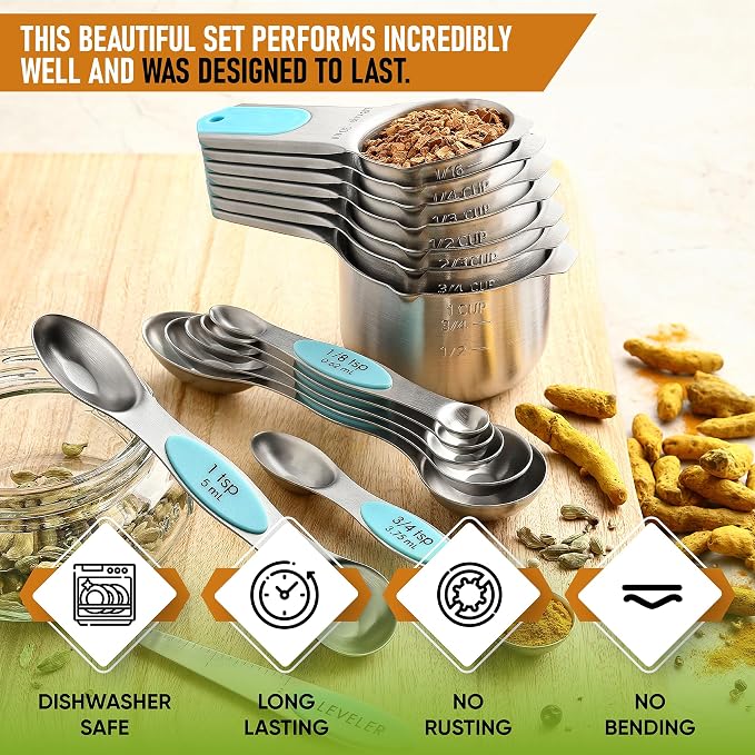 Spring Chef Magnetic Measuring Cups & Spoons Set of 15, Aqua Sky | Stackable - Image 2
