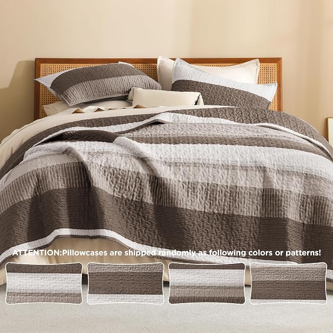 Litanika Oversized King Quilt Set Brown, 128x120 Stripe Bedspread Coverlet 3 - Image 5