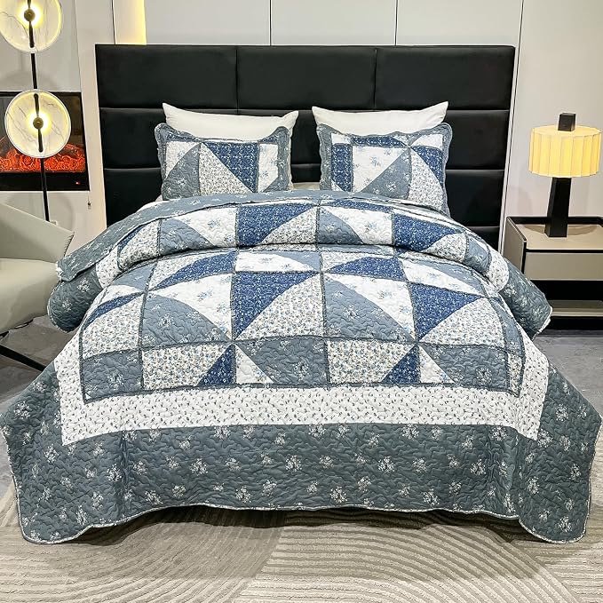 Full Queen Size Patchwork Quilt Set Grey Floral Reversible Quilted Bedspread - Image 2