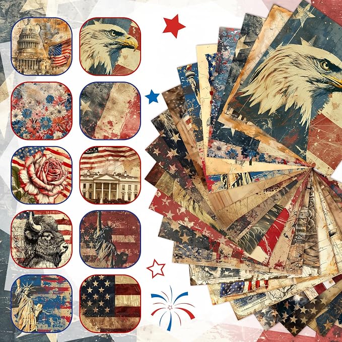 HunnmingRe 20 Pcs 10x10'' Vintage Patriotic Quilting Fabric Square Red White - Image 6