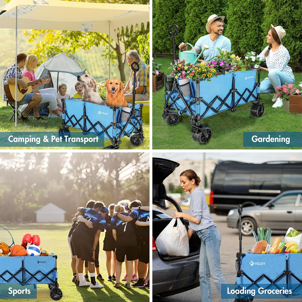VILLEY Extended Collapsible Foldable Wagon with 330LBS Weight Capacity, 220L Heavy Duty Folding Utility Garden Cart with Big All-Terrain Beach Wheels with Brake & Drink Holders, Blue