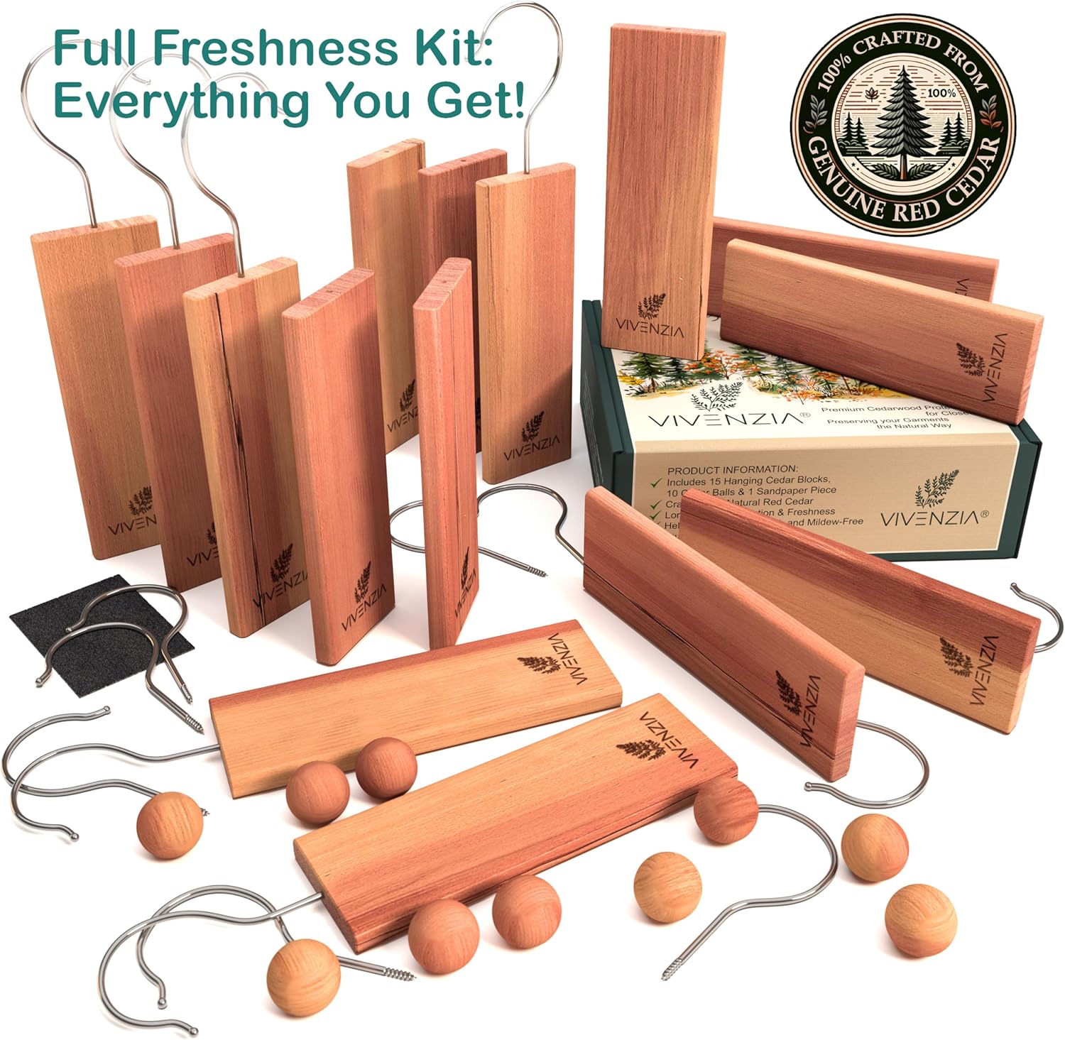 Cedar Blocks for Clothes Storage -25 pcs (15 Hang-ups & 10 Balls)- Hanging Cedar Planks, Natural Closet Smell Eliminator, Natural Closet Deodorizer, Drawer Fresheners for Dresser.