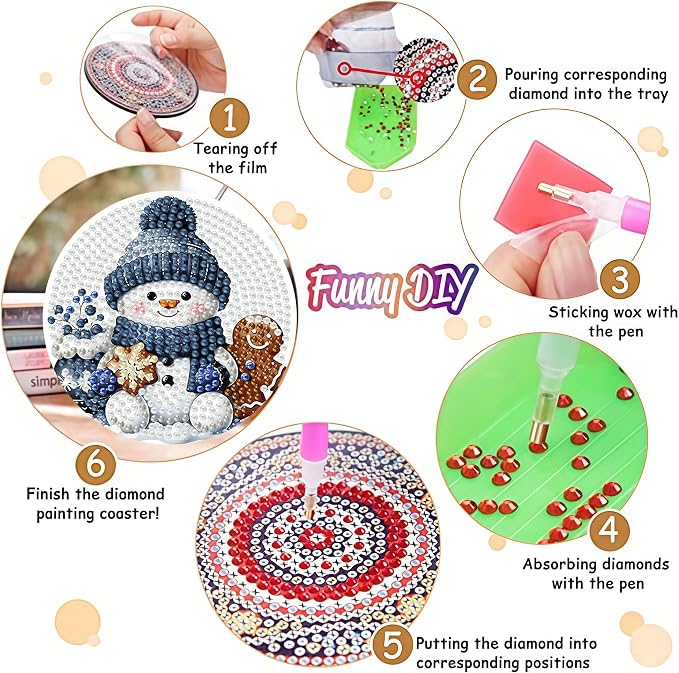 8 Pack Diamond Art Coasters, Christmas Snowman Diamond Painting Coasters | - Image 3