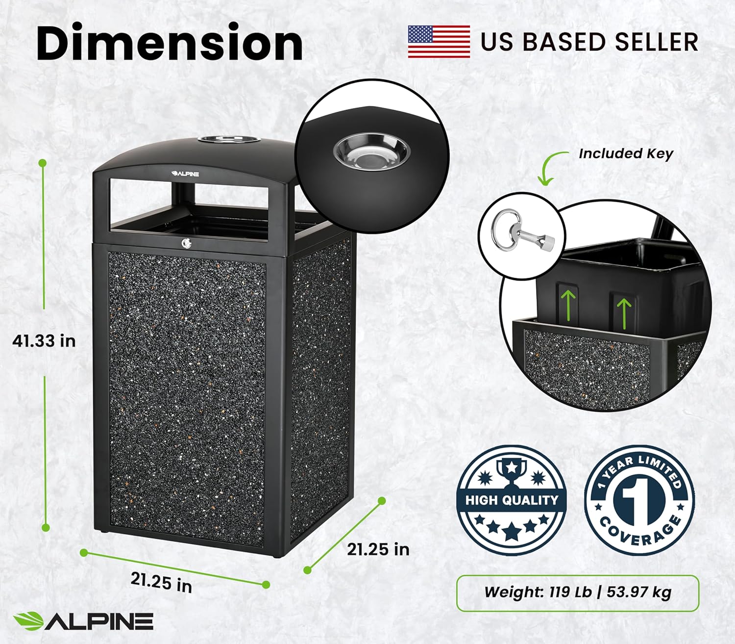 Alpine Outdoor Commercial Trash Can with Lid - 40 Gallon Heavy Duty Metal Garbage Can with Removable Bin, Locking Lid for a Modern Look in Park, Mall & High Traffic Areas-Grey Stone Panels (With Tray)