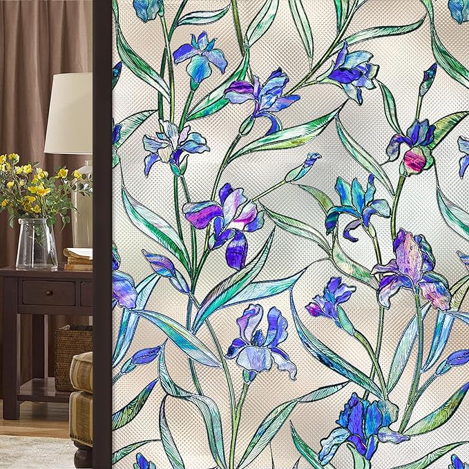 Windimiley Stained Glass Window Privacy Film: 3D Violet Floral Decorative by WindimileyDecor