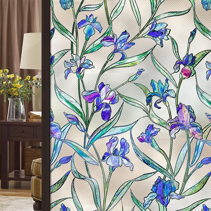 Windimiley Stained Glass Window Privacy Film: 3D Violet Floral Decorative by WindimileyDecor