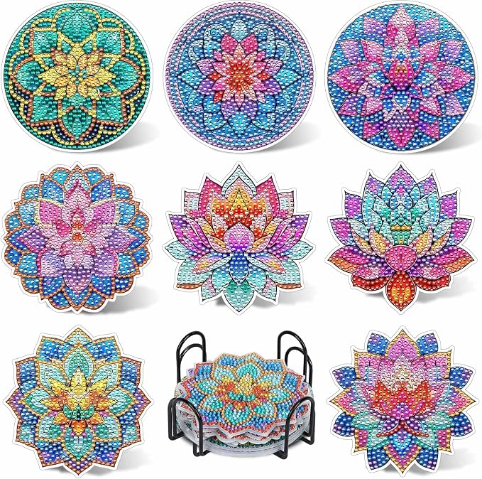 UPINS 8Pcs Lotus Diamond Art Painting Coasters Kits by UPINS
