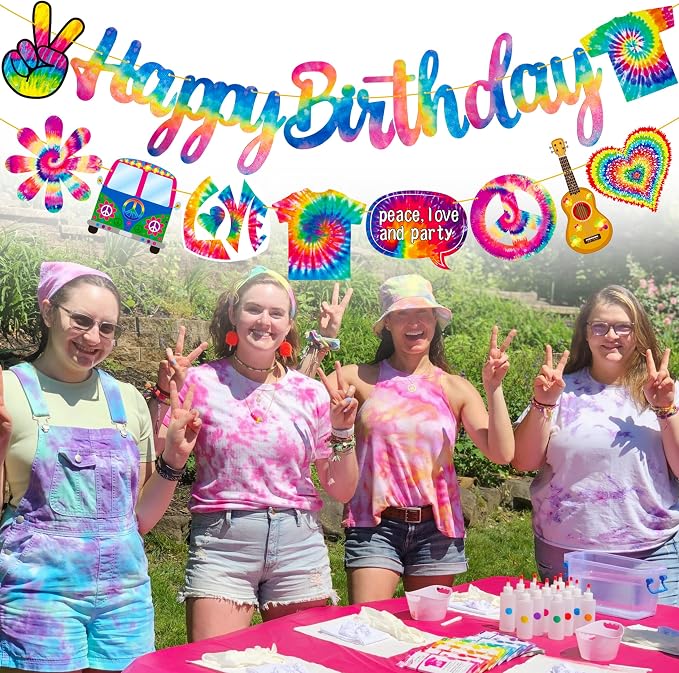 C L cooper life Tie Dye Happy Birthday Banner, Art Theme Party Decorations - Image 8