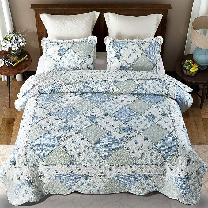 Oversized King Size Blue Floral Plaid Patchwork Quilt Set 128x120 Extra Wide - Image 2