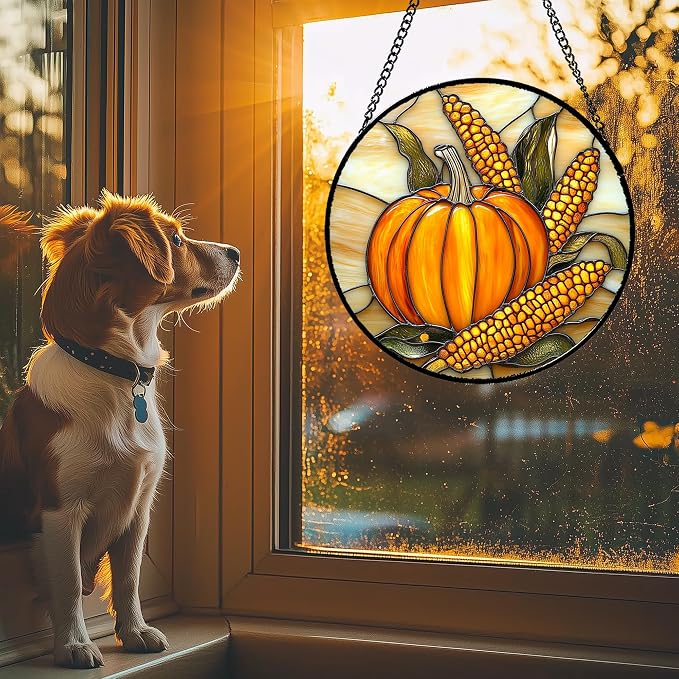 DASTOLL Stained Glass Window Hanging Autumn Harvest Pumpkin Corn Large 15" - Image 3
