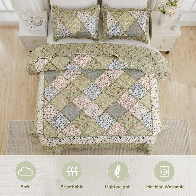 VIVILINEN Green Floral Patchwork Quilt Set 132x120 Alaska King Size Bedding Set - Image 3