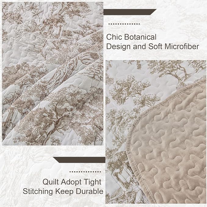 WONGS BEDDING Botanical Quilt Set King, Floral 3 Pieces Khaki Plants Printed - Image 5