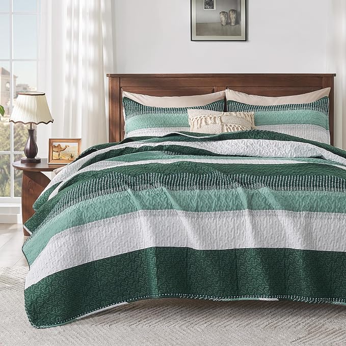 Andency Emerald Green Quilt Queen, 3 Pieces Patchwork Striped Bedspread by Andency