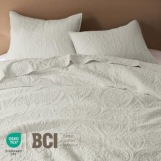 PALASSIO Beige Paisley 100% Cotton Quilt California Cal King Size Bedding Sets - Image 3