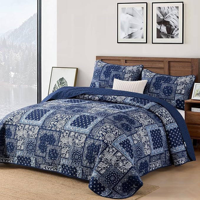 Cottolester Blue Patchwork Quilt Set Queen Size, Boho Navy Blue Quilt Set - Image 2