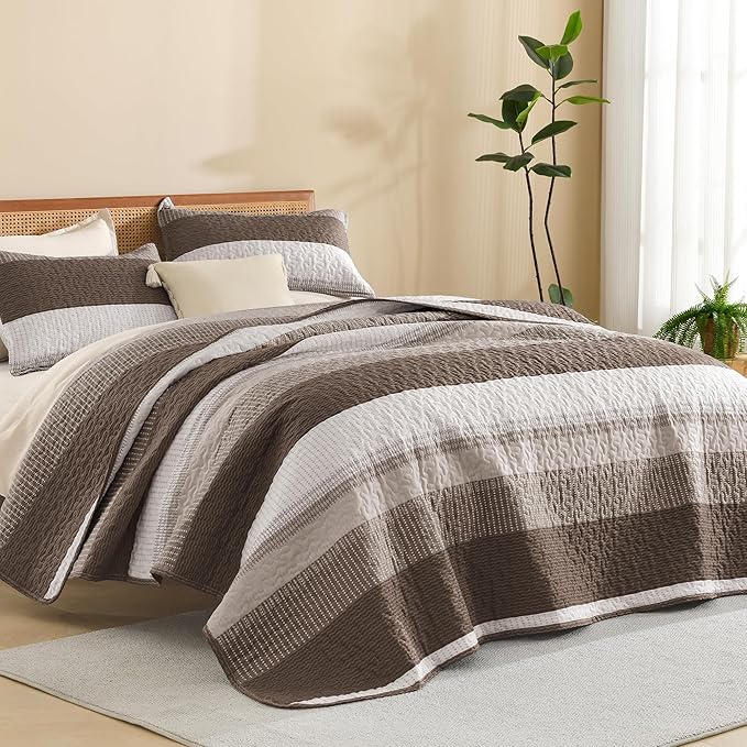 Litanika Quilt King Size Brown, Stripe Patchwork Summer Bedspread Coverlet 3 by Litanika