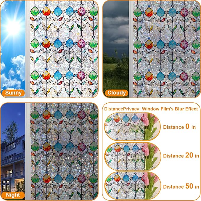Countewol Rainbow Privacy Window Film Stained Glass Style Adhesive-Free - Image 3