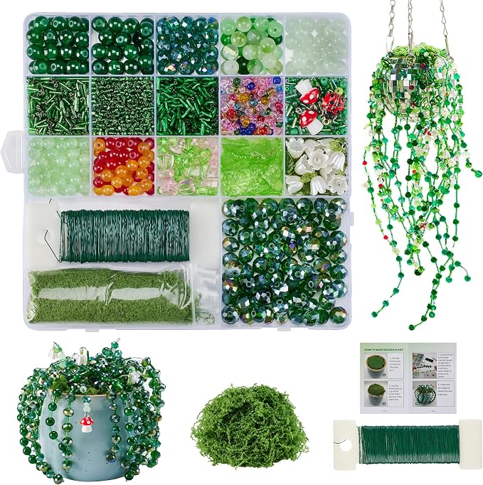 Green Glass Beaded Plant Kit, Forever Plant Beaded Leaf Flower Beads by XHYMIA