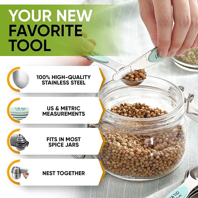 Spring Chef Magnetic Measuring Cups & Spoons Set of 15, Mint | Stackable - Image 5