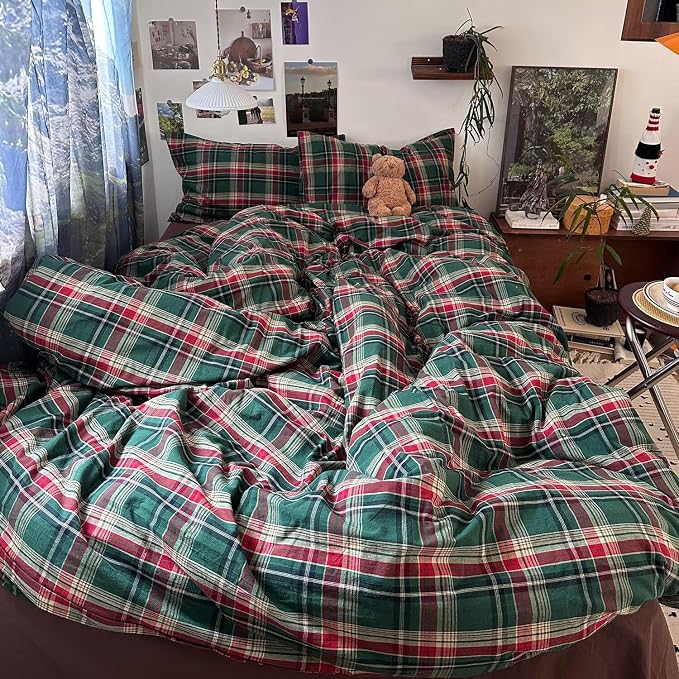 mixinni Vintage Green Buffalo Plaid Washed Cotton Duvet Cover King - Image 2